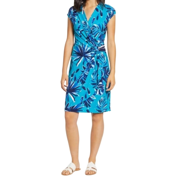 Tommy Bahama Clara Blue Botanical Blitz Palm Leaf Ruched Moc Wrap Dress Beach XL - Picture 1 of 16